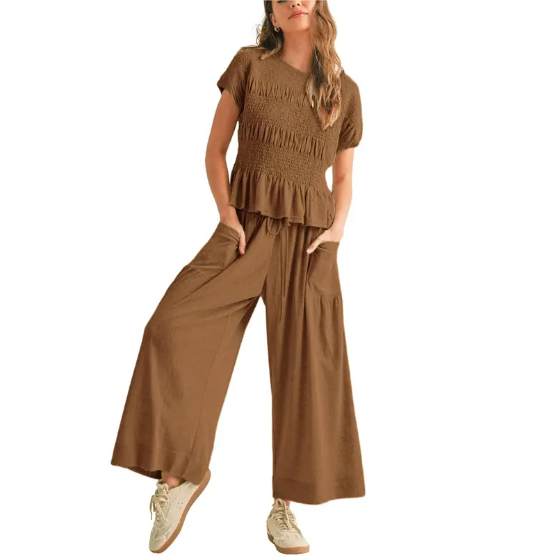 CHARLENE™ – Relaxed 2-Piece Smocked Top and Wide Leg Pants Set