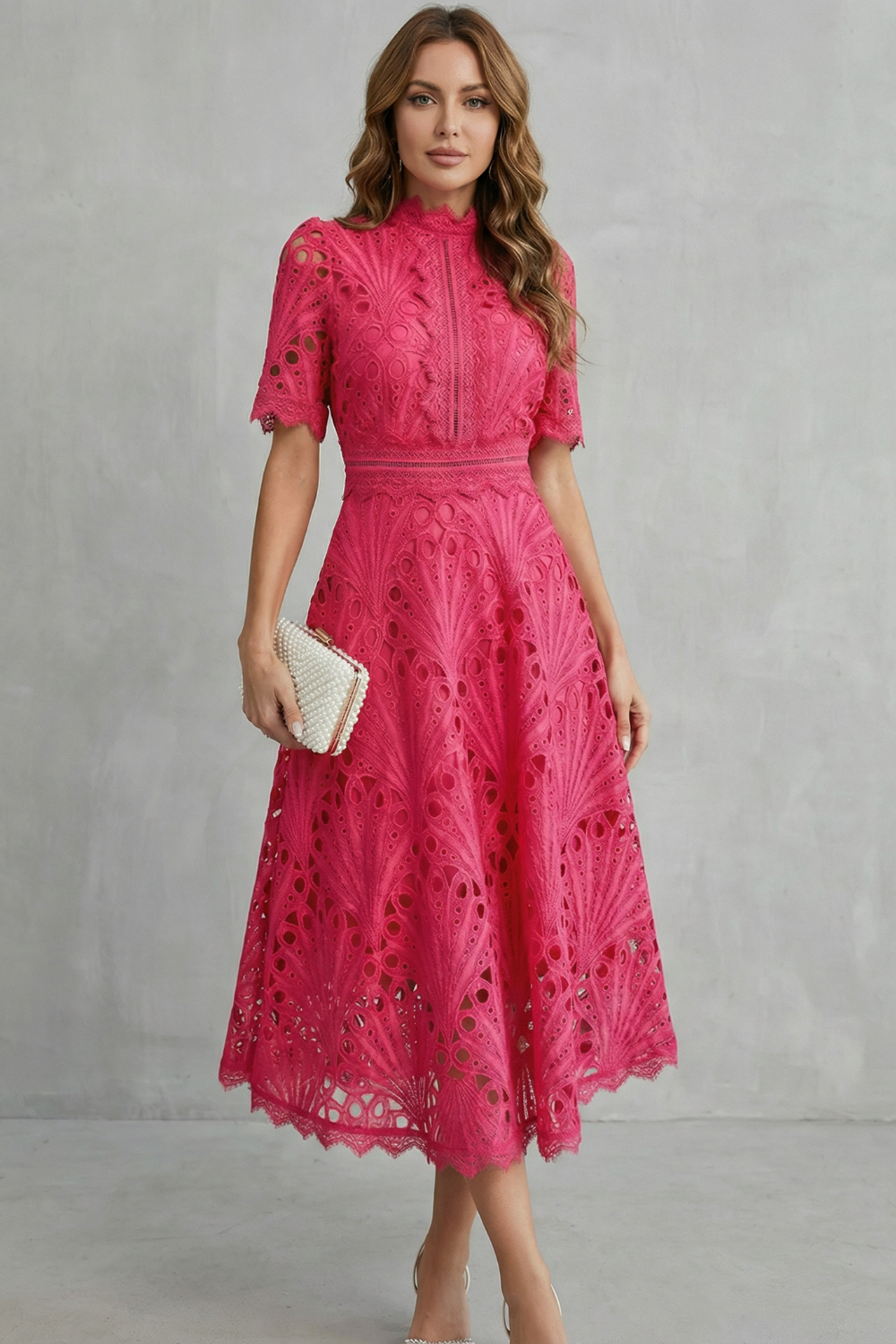 Annalise | Openwork High Neck Midi Dress
