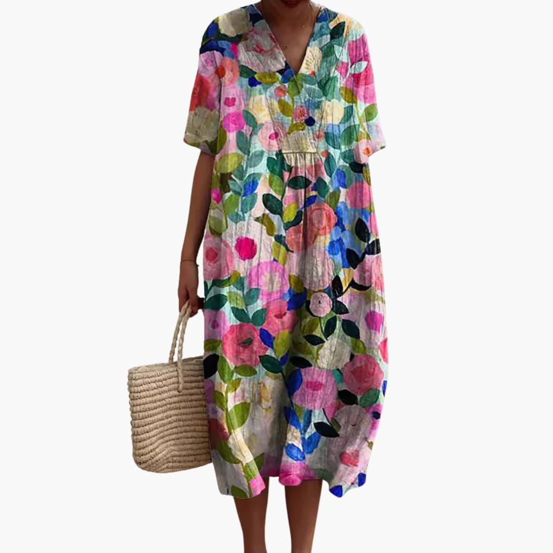 Shirley | Floral Cotton V Neck Short Sleeve Oversized Casual Midi Dress