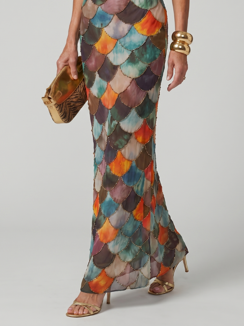 Larkin | Fitted Multicoloured Scale Pattern Maxi Dress