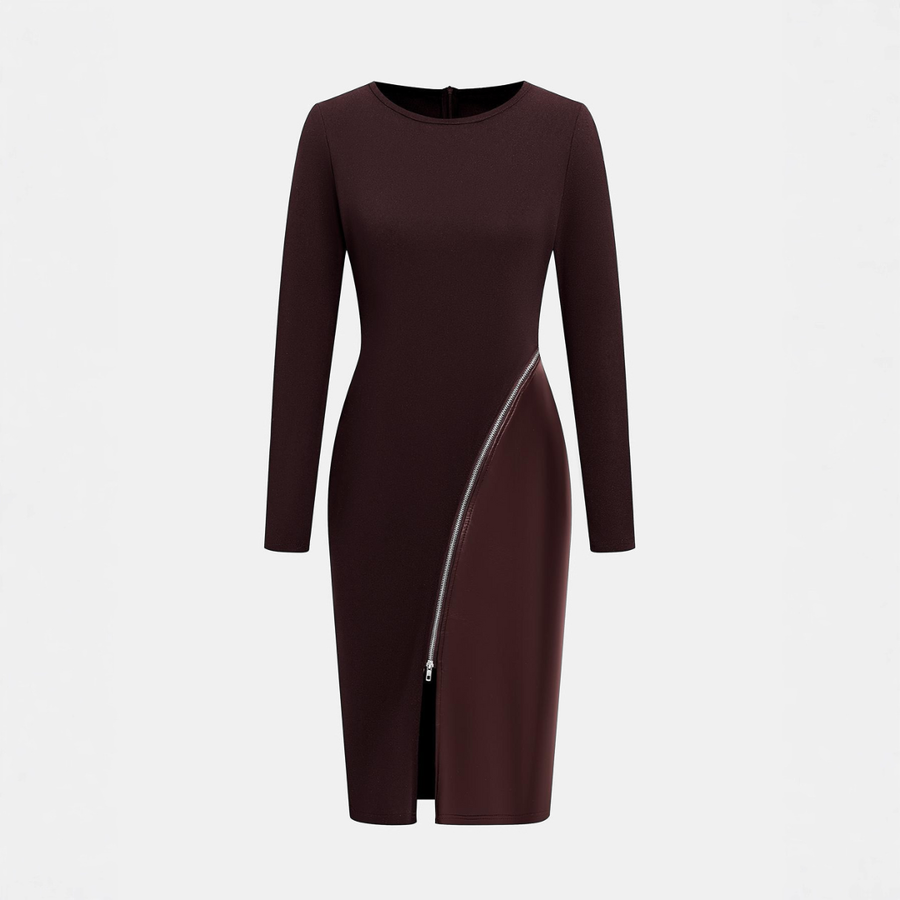 CHARENE™ - Women’s Solid Color PU Leather Patchwork Zipper Bodycon Dress