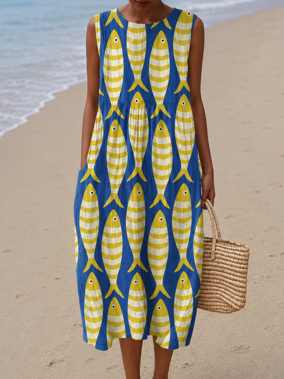 Coraline Beach | Sleeveless Printed Midi Dress