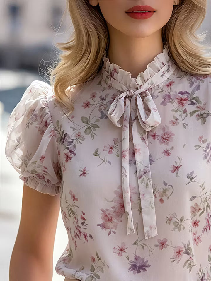Priscilla | Floral Tie-Neck Puff Sleeve Blouse