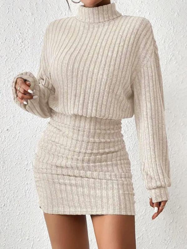 MEGAN™ - Stylish Drop Shoulder Ribbed Dress with Turtleneck