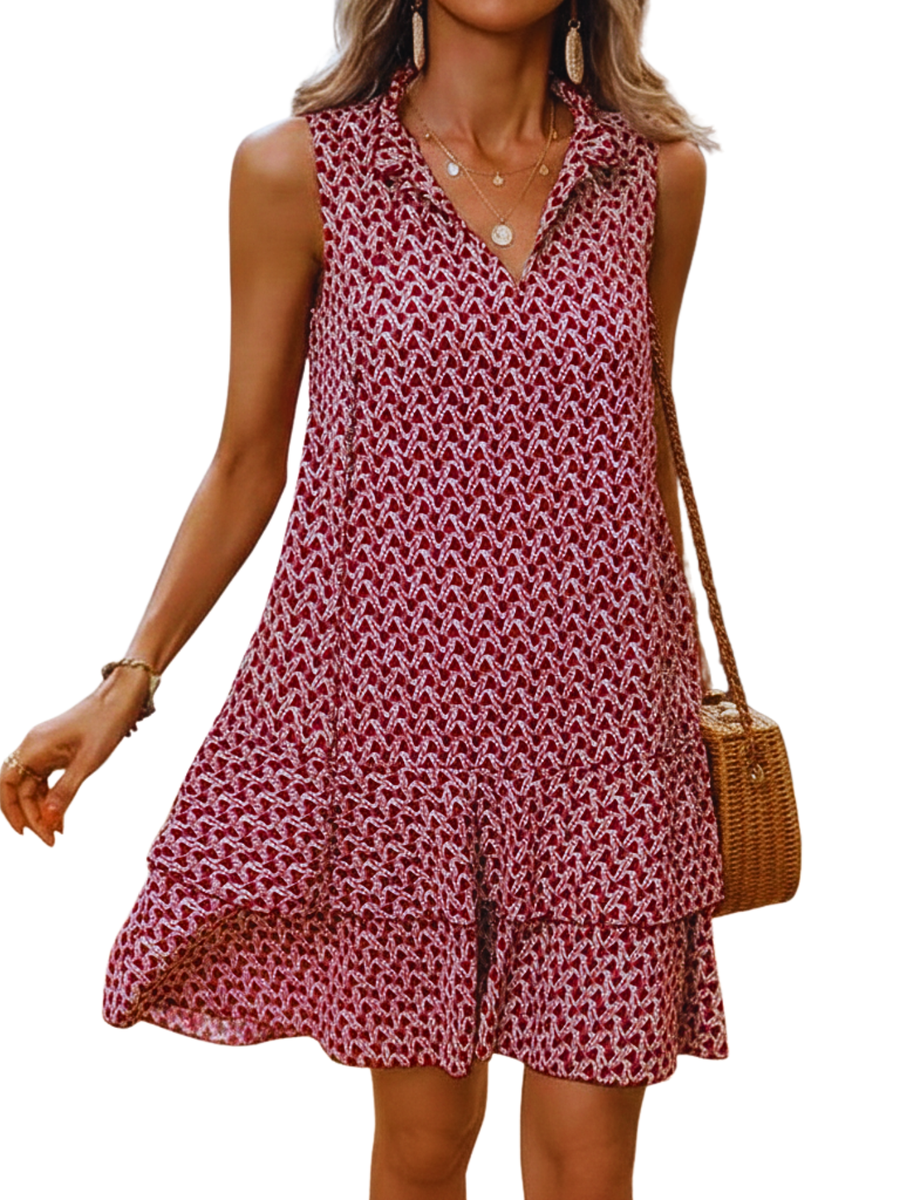 DORA™ - Women’s Geometric Print Bow Dress Casual Fitted Woven Dress with Multi-Layer Cake Skirt