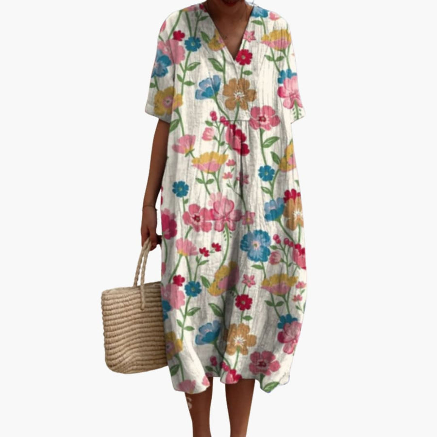Shirley | Floral Cotton V Neck Short Sleeve Oversized Casual Midi Dress