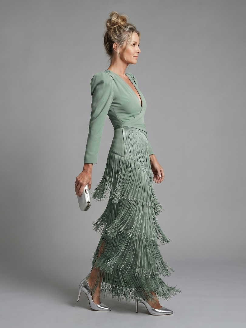Wilhelmina | Long Sleeve Fringe Midi Dress