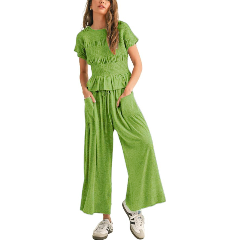 CHARLENE™ – Relaxed 2-Piece Smocked Top and Wide Leg Pants Set