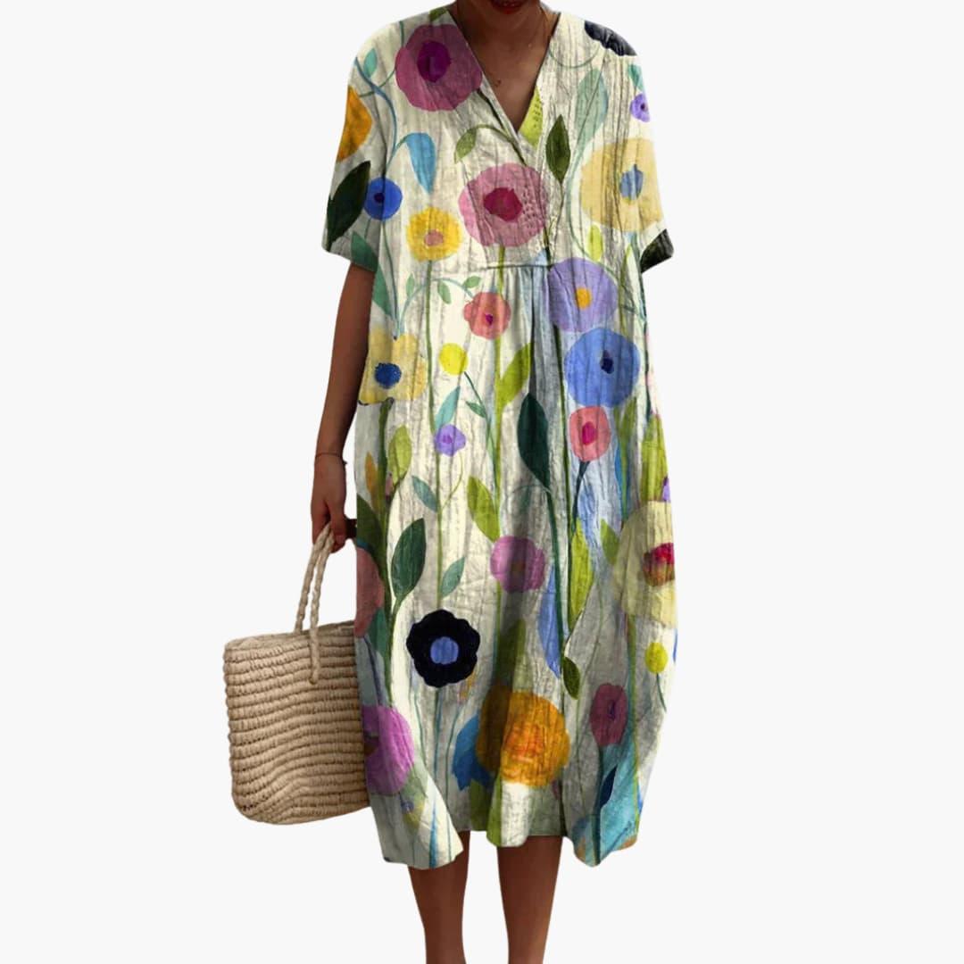 Shirley | Floral Cotton V Neck Short Sleeve Oversized Casual Midi Dress