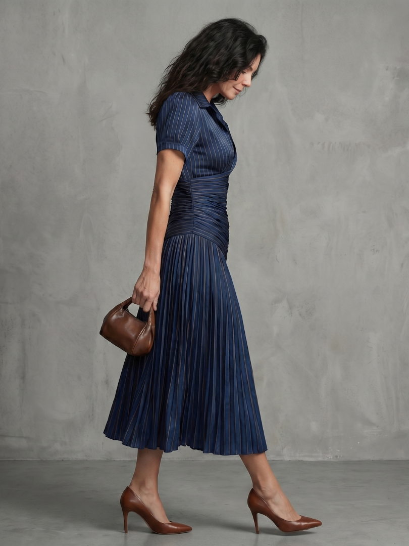 Theodosia | Pleated Waistline Stripe Midi Dress