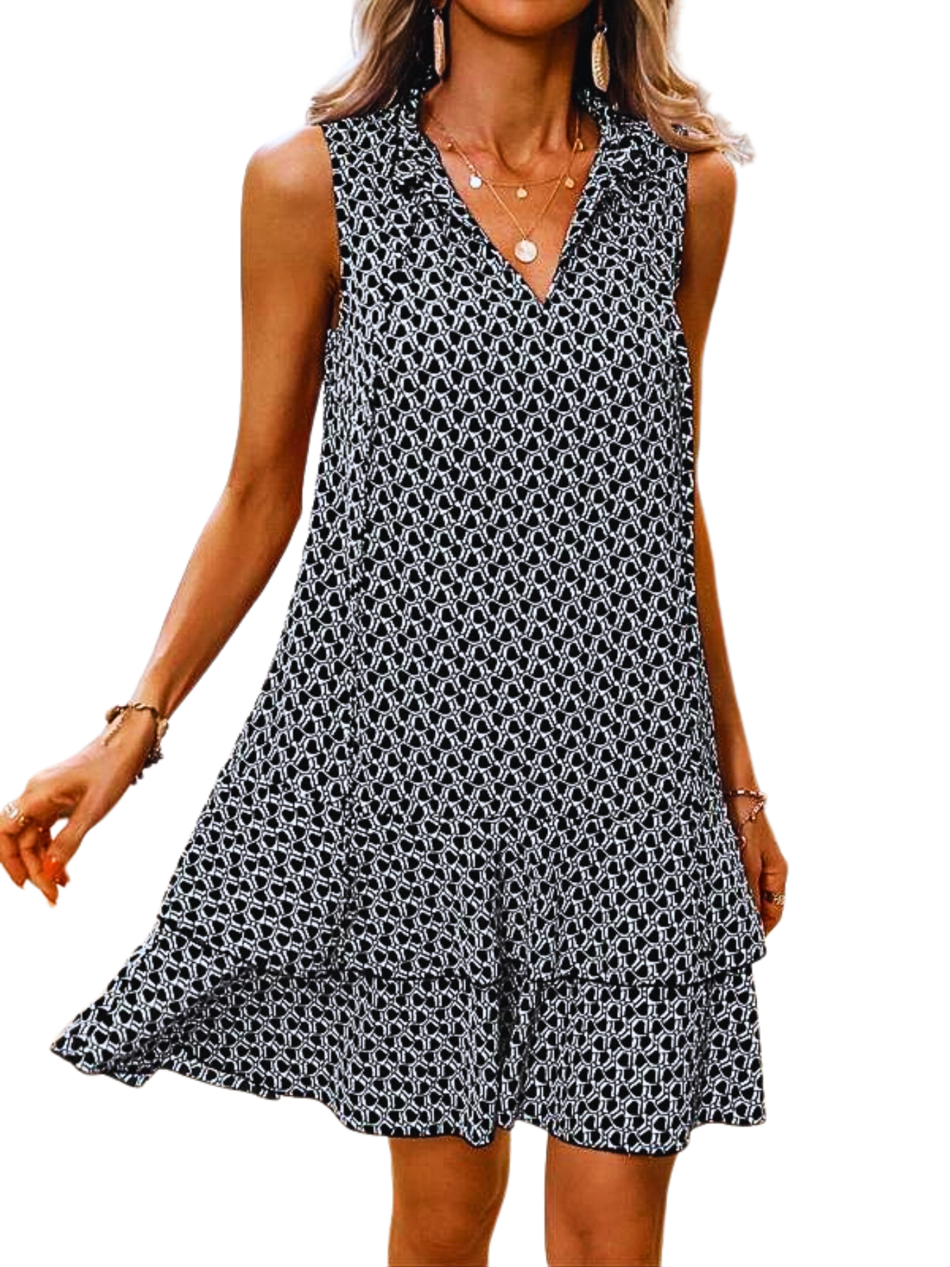 DORA™ - Women’s Geometric Print Bow Dress Casual Fitted Woven Dress with Multi-Layer Cake Skirt