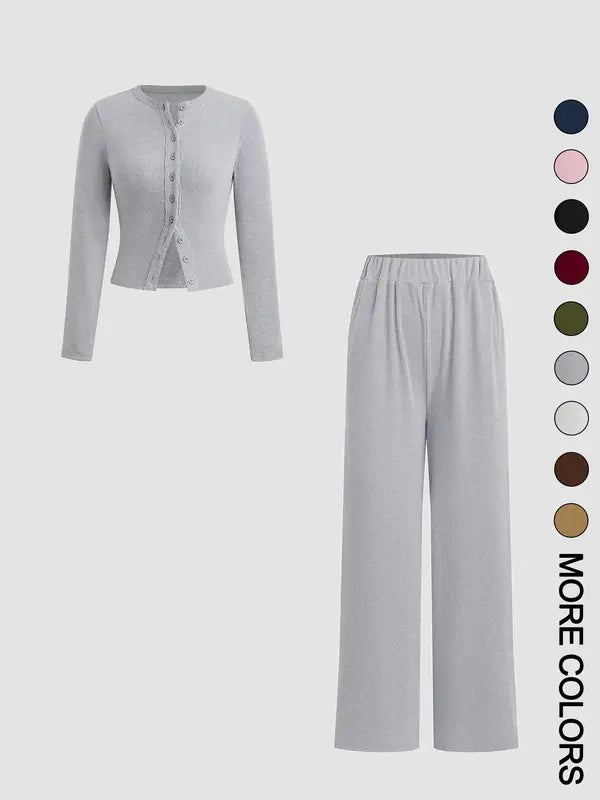 FLORLIE™ - Women’s Ribbed Crop Top & Elastic Waist Pants Casual Set