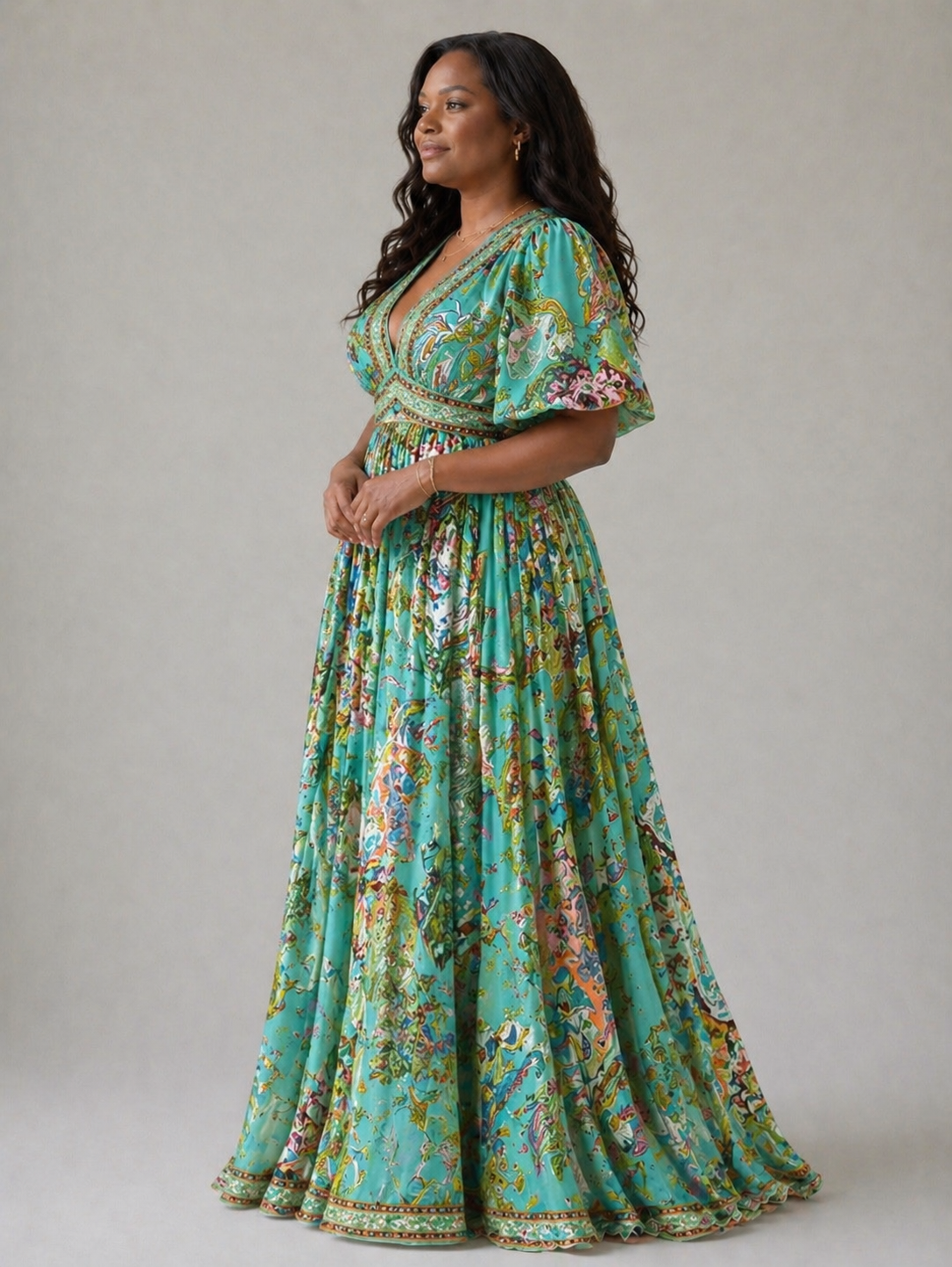 Eloise | Airy Maxi Dress with Puff Sleeves and V Neck
