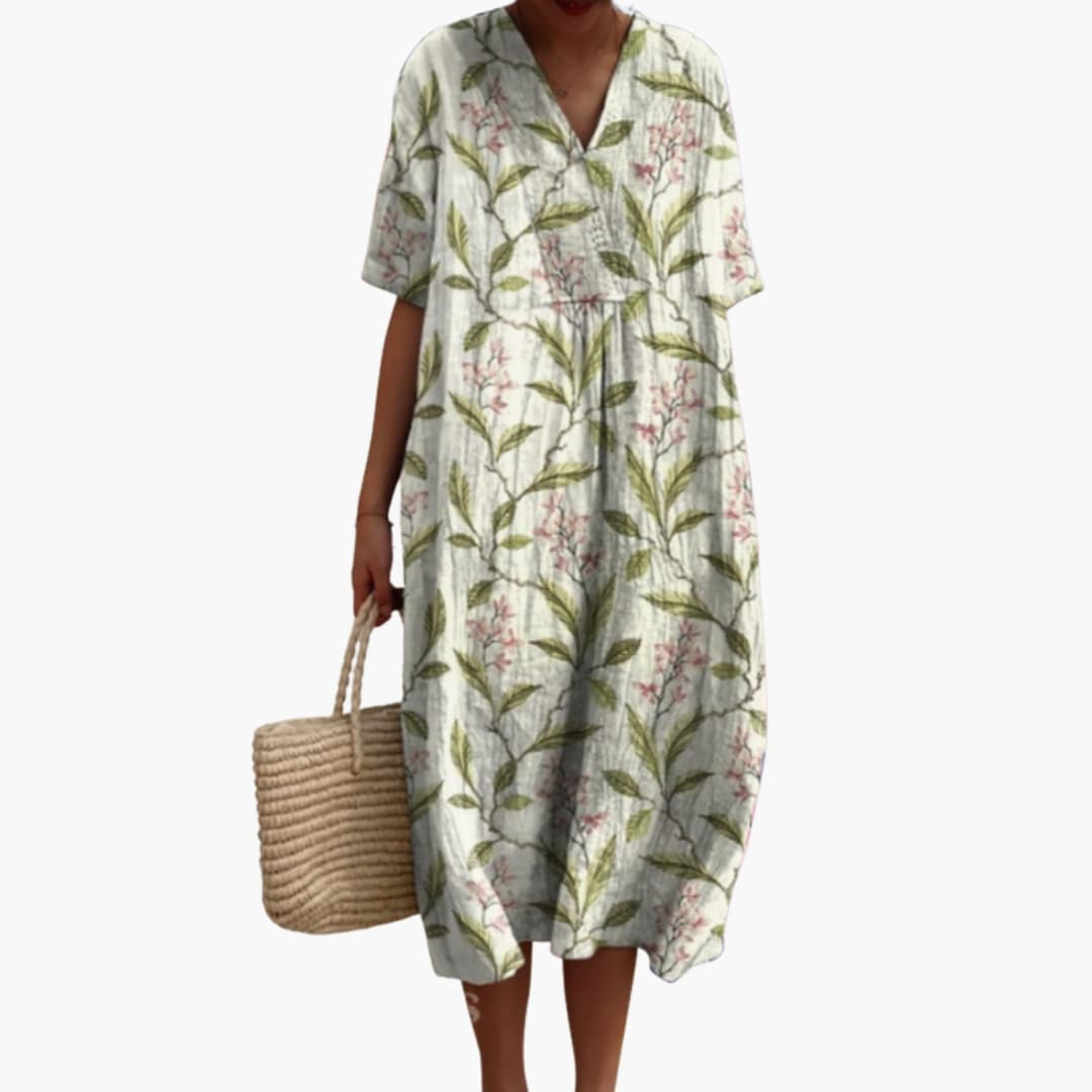 Shirley | Floral Cotton V Neck Short Sleeve Oversized Casual Midi Dress