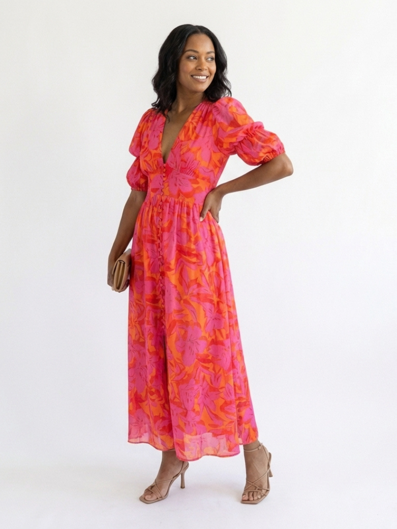 Roselle | Floral Puff Sleeve Midi Dress