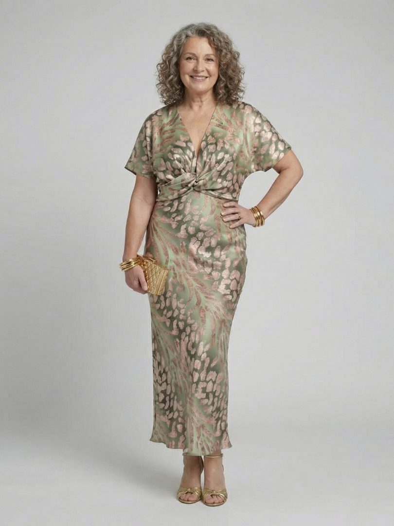 Delphine | Abstract Print V Neck Twist Waist Midi Dress