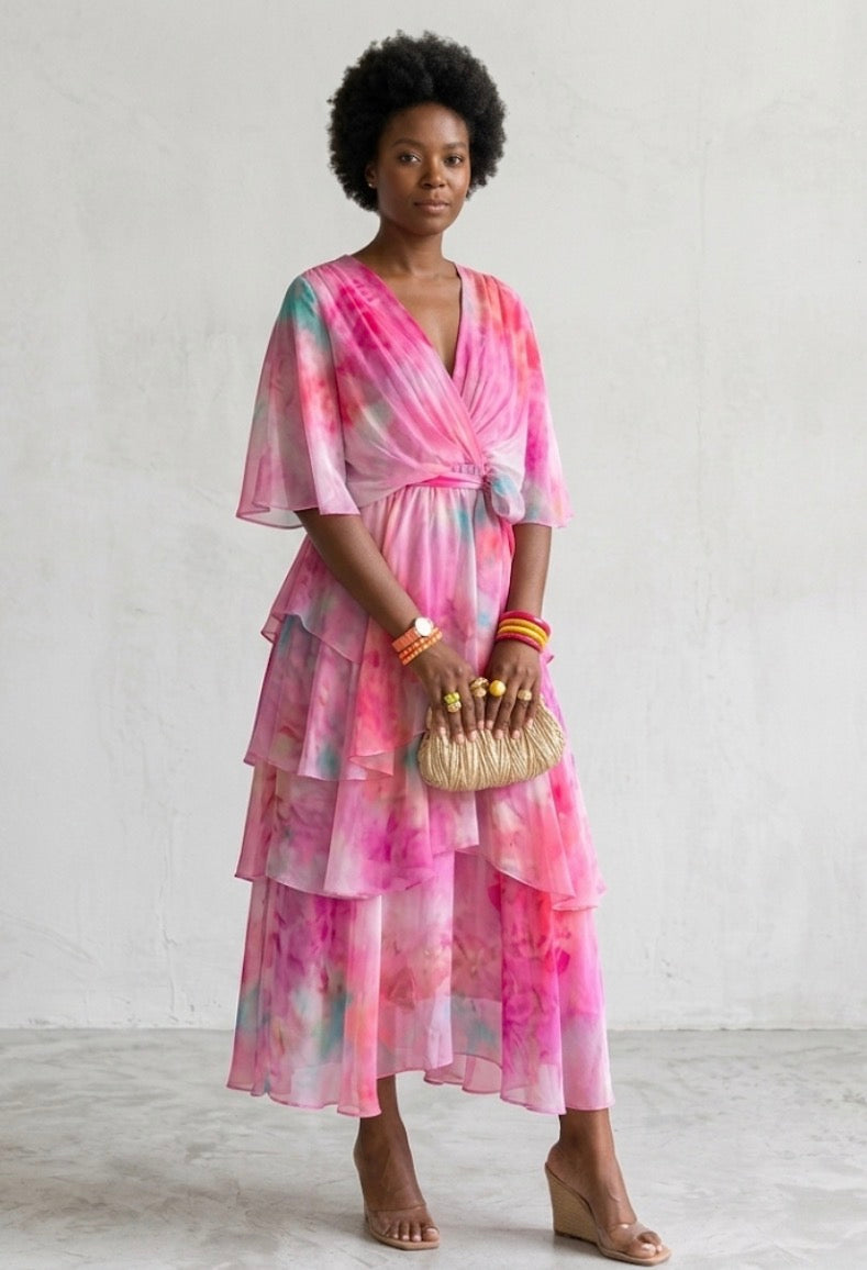 Kimberly | Tiered Watercolour Midi Dress