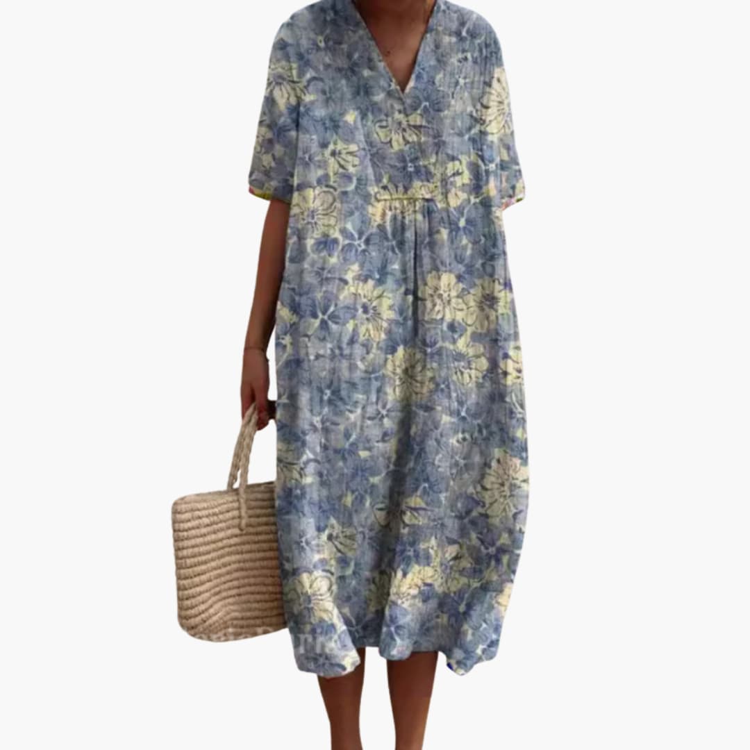 Shirley | Floral Cotton V Neck Short Sleeve Oversized Casual Midi Dress