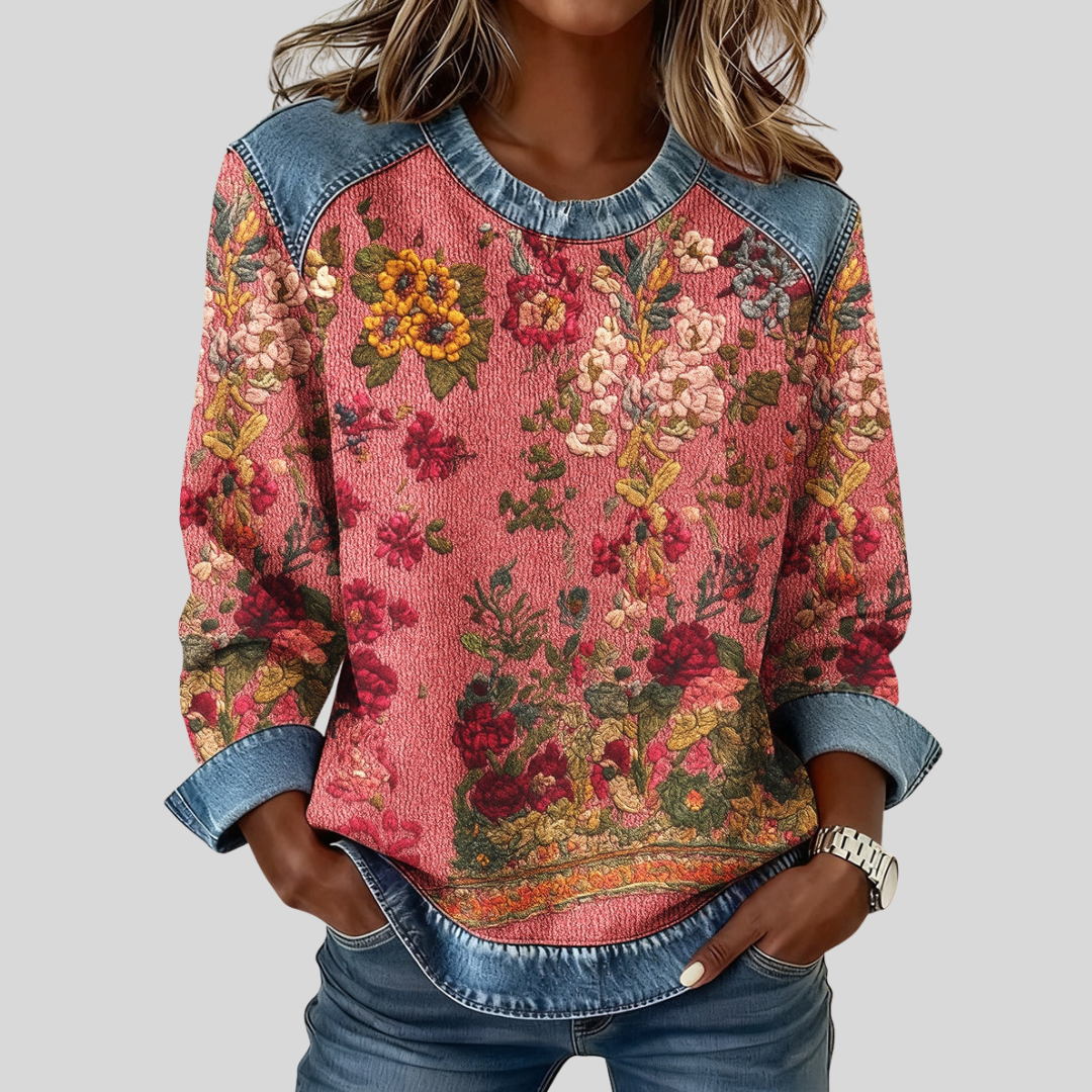 Orabelle | Floral Print Denim Trim Sweatshirt