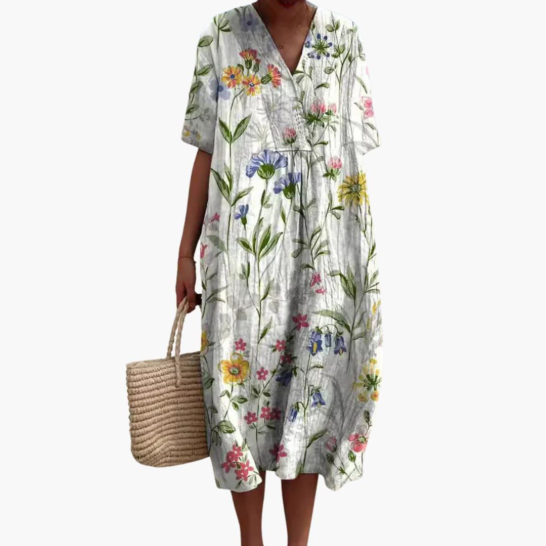 Shirley | Floral Cotton V Neck Short Sleeve Oversized Casual Midi Dress
