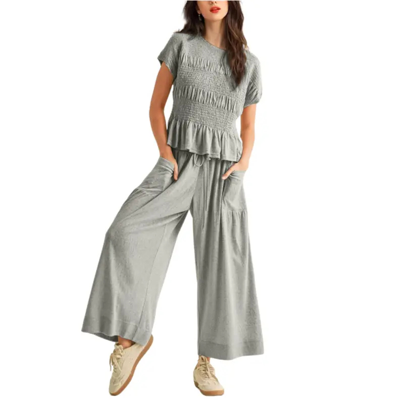 CHARLENE™ – Relaxed 2-Piece Smocked Top and Wide Leg Pants Set
