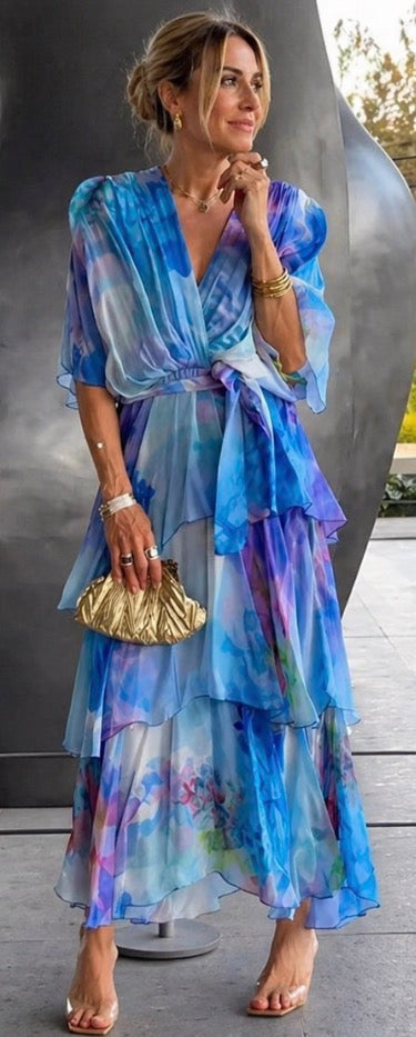 Kimberly | Tiered Watercolour Midi Dress