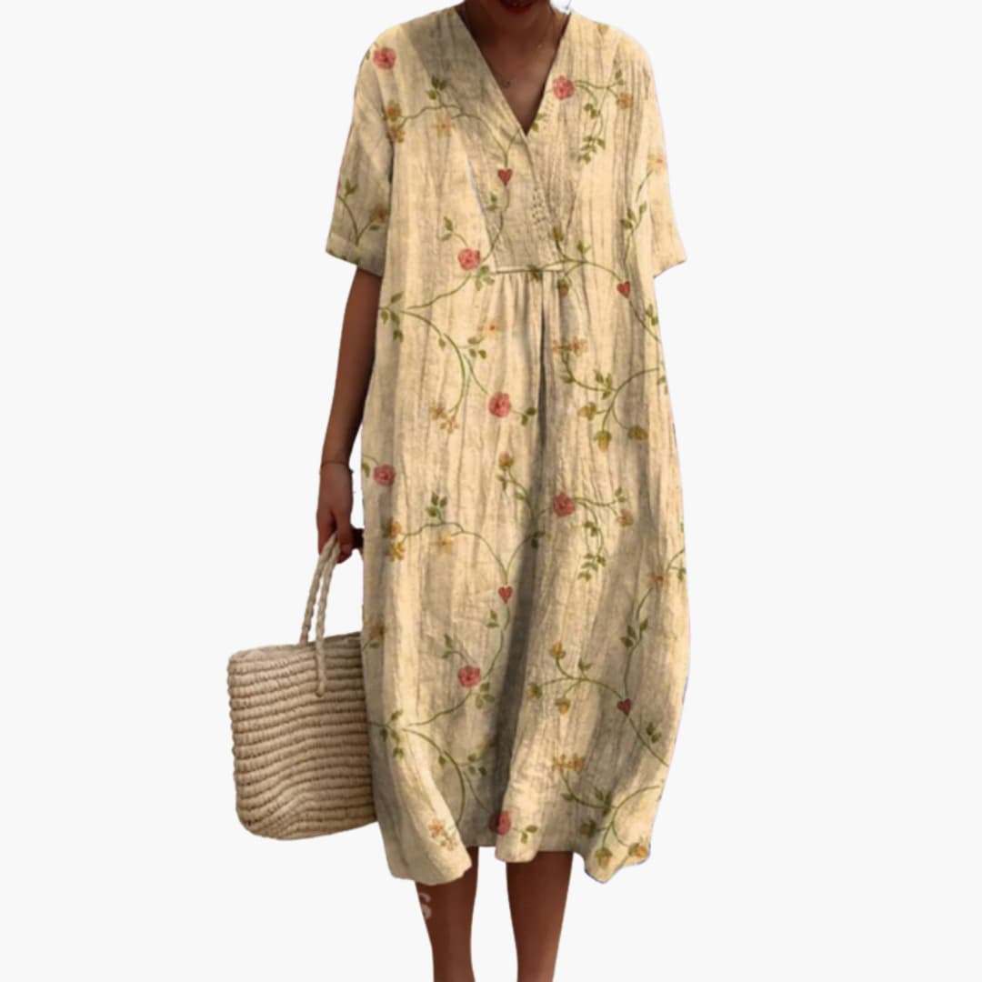 Shirley | Floral Cotton V Neck Short Sleeve Oversized Casual Midi Dress