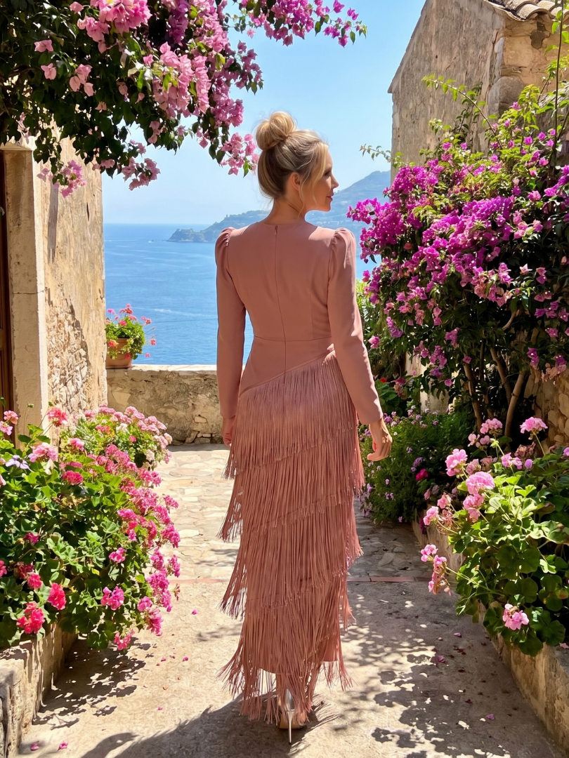 Wilhelmina | Long Sleeve Fringe Midi Dress