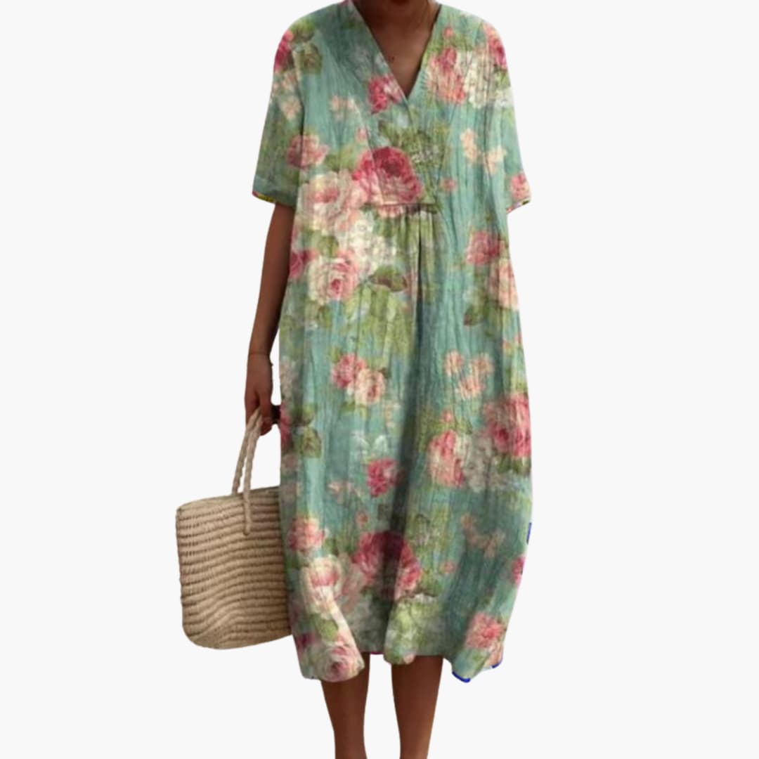 Shirley | Floral Cotton V Neck Short Sleeve Oversized Casual Midi Dress