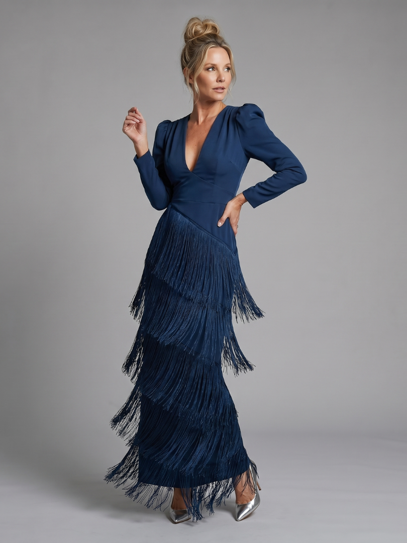 Wilhelmina | Long Sleeve Fringe Midi Dress