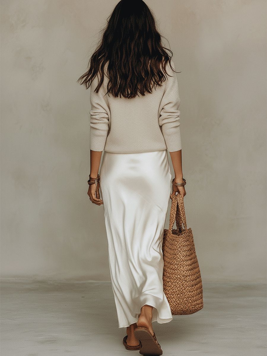Delphina | Ivory Knit And Satin Midi Set