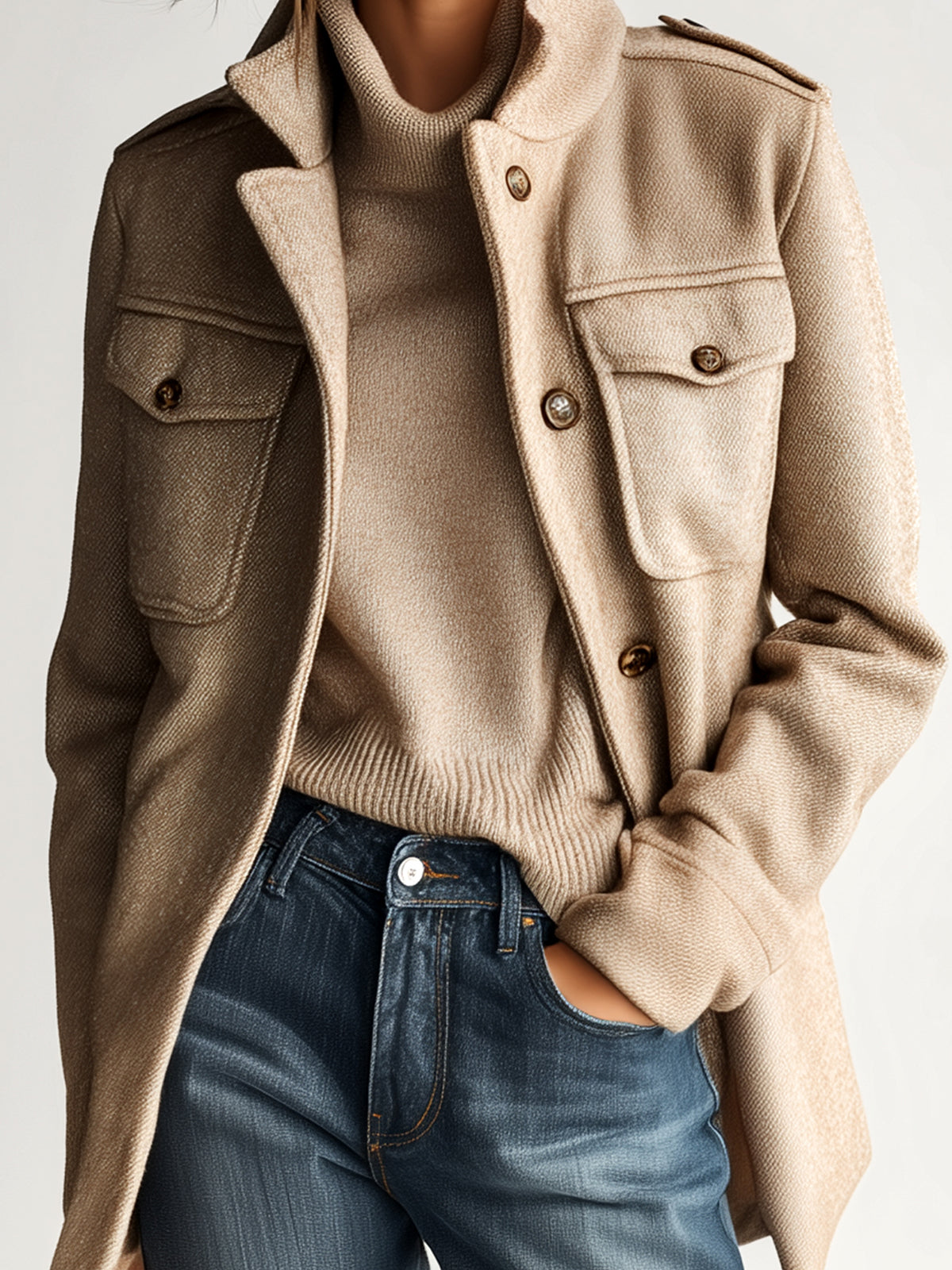 Vintage Casual Khaki Wool Blend Stand Collar Epaulet Multi-Pocket Short Coat