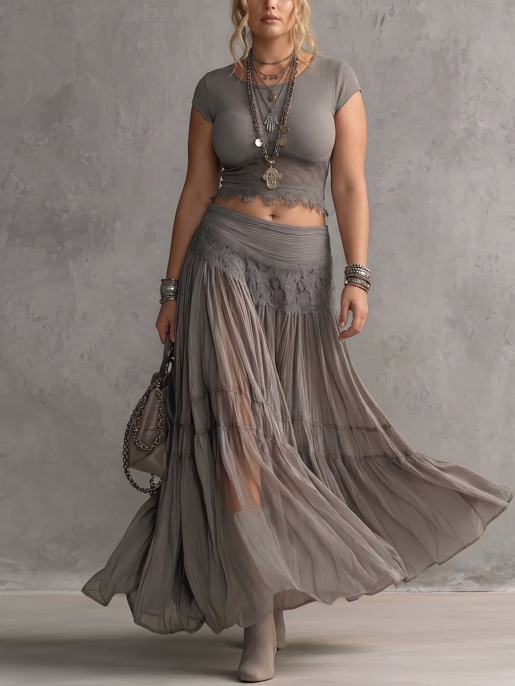 Ellie | Lace Panelled Top And Pleated Maxi Skirt Set