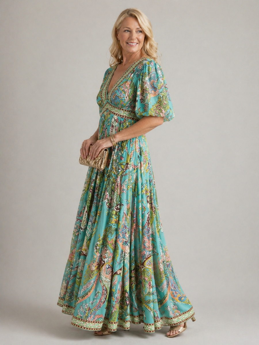 Eloise | Airy Maxi Dress with Puff Sleeves and V Neck