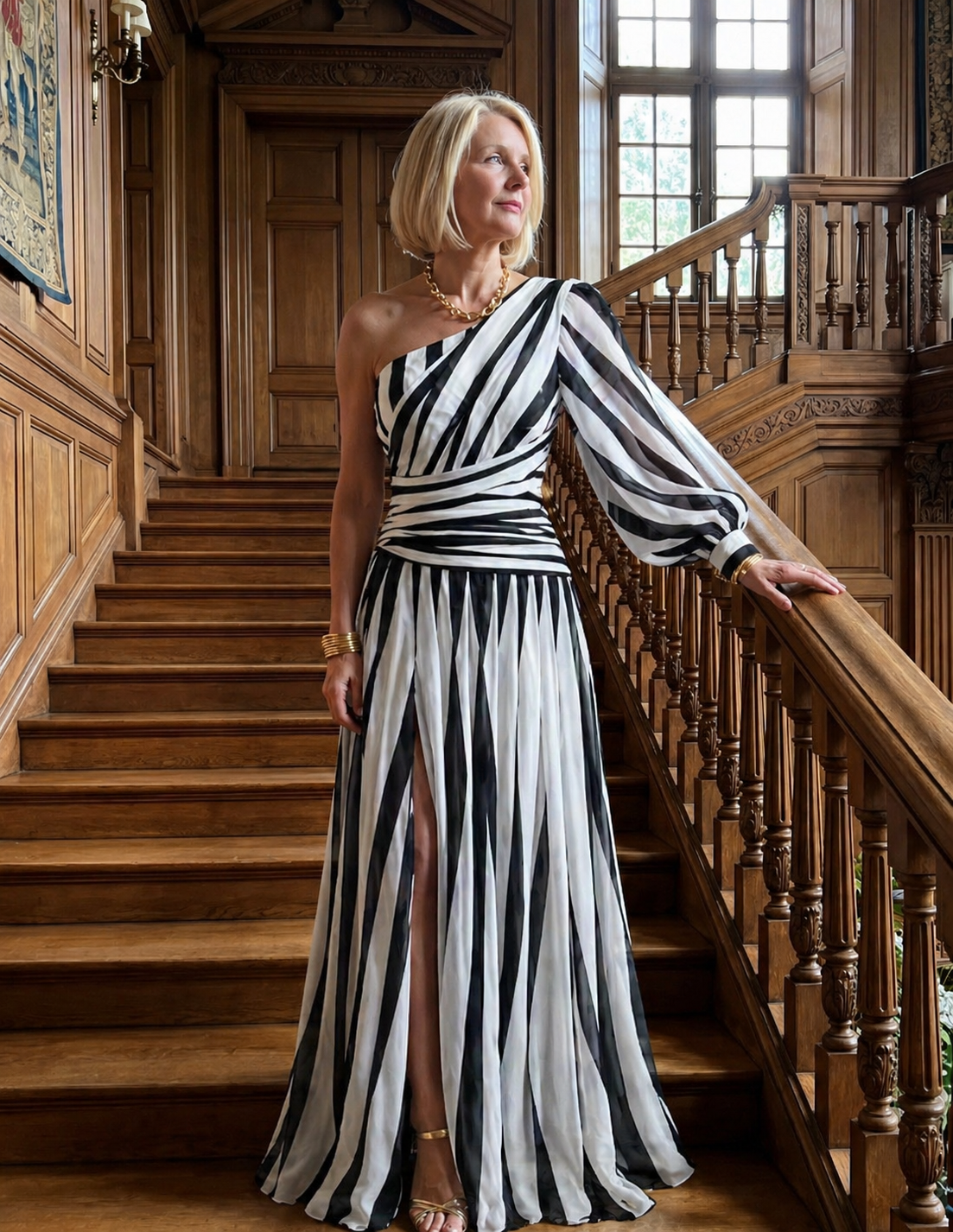 Dorothea | Elegant Striped Maxi Dress with One Shoulder