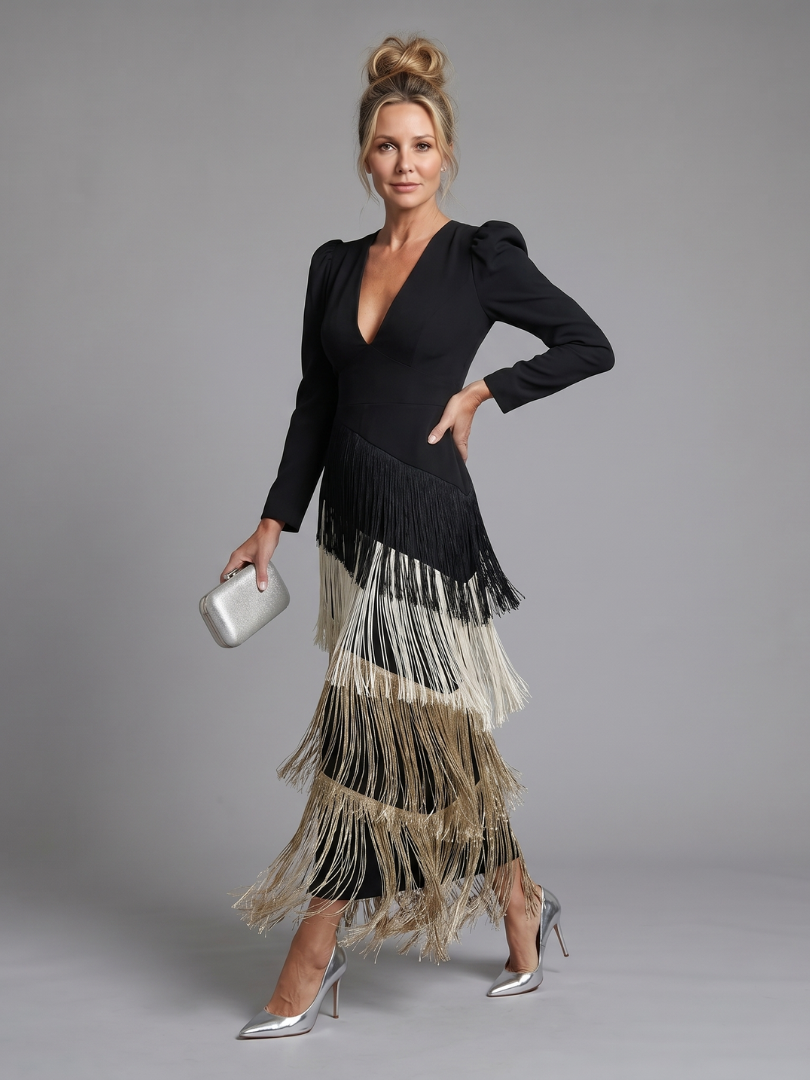 Wilhelmina | Long Sleeve Fringe Midi Dress