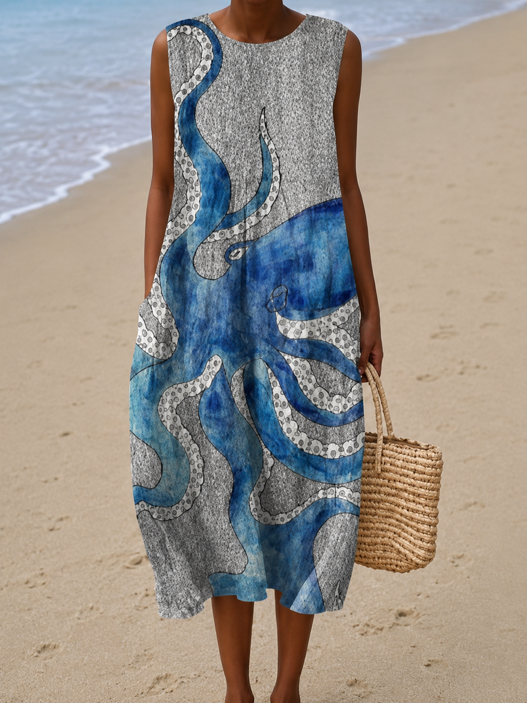Brenna | Sleeveless Ocean Print Midi Dress