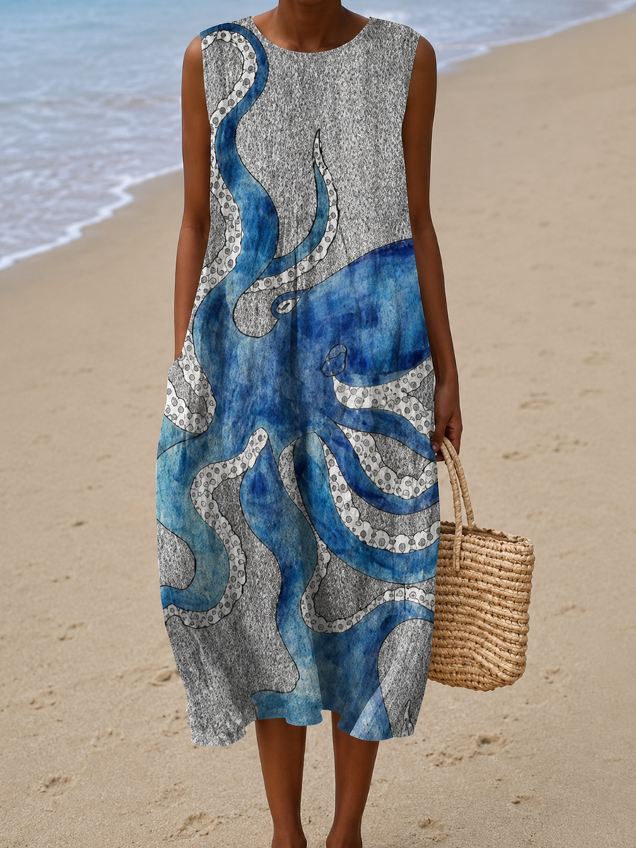 Brenna | Sleeveless Ocean Print Midi Dress