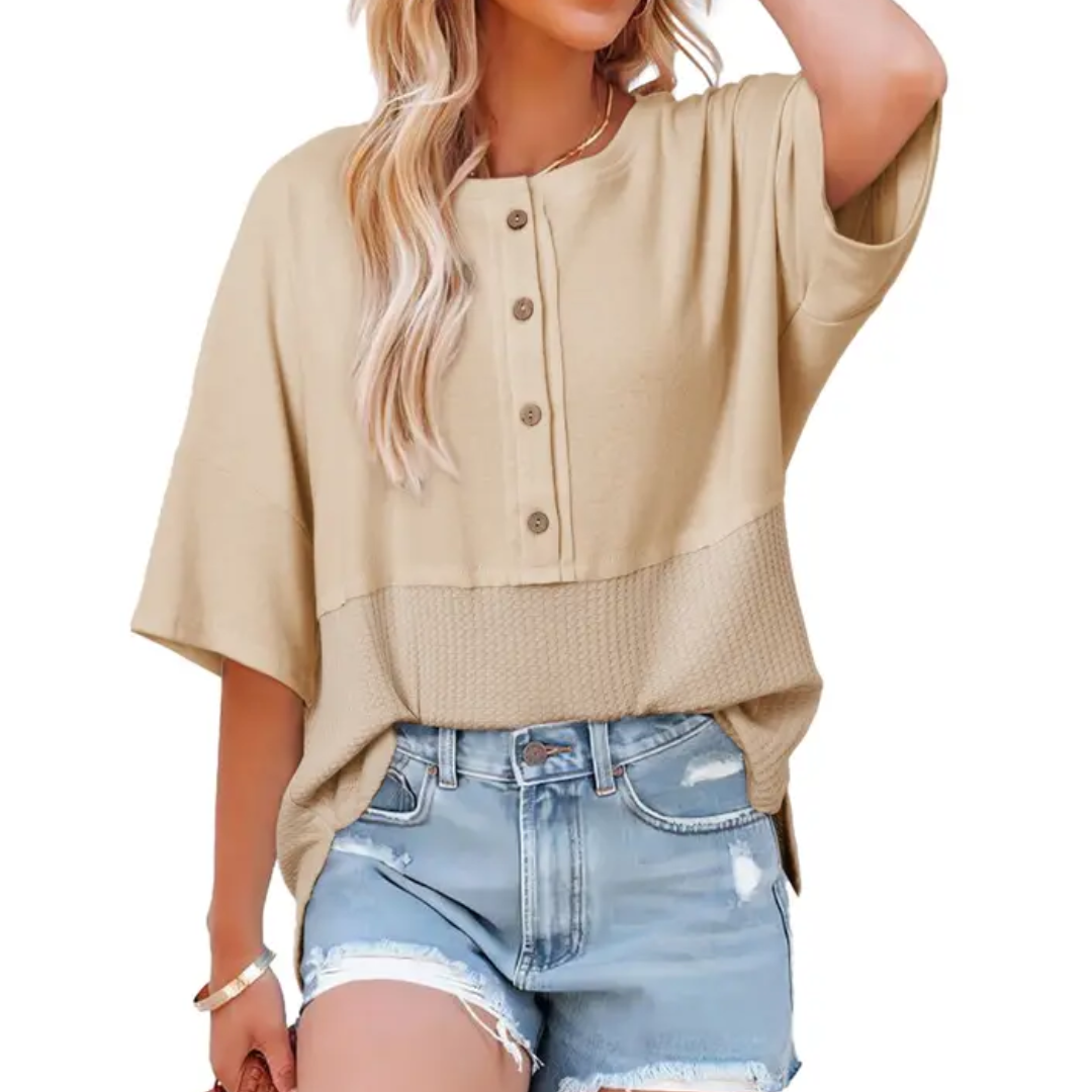 FRANKIE™ – Relaxed Waffle Knit Button Blouse