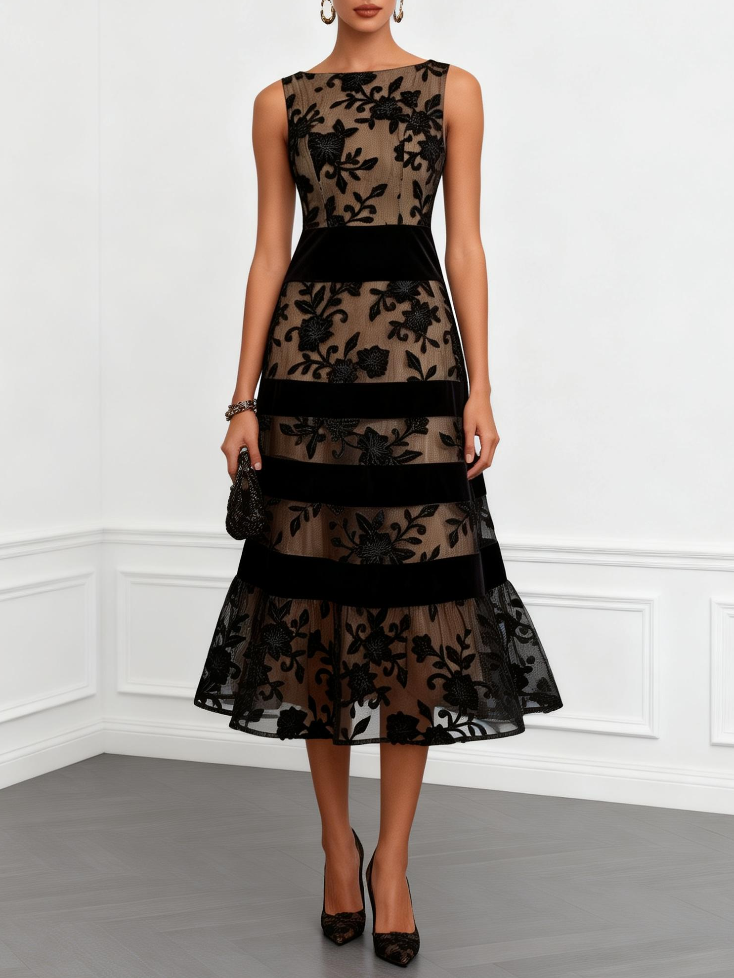 Giselle | Mesh Floral Sleeveless A Line Midi Dress