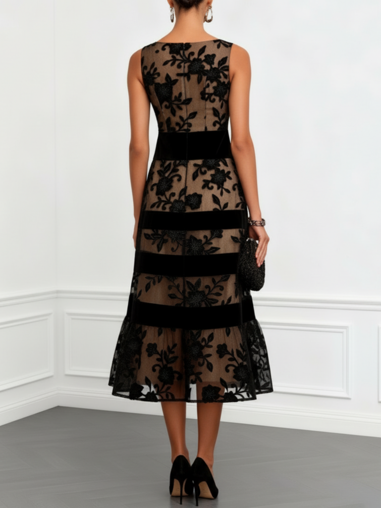 Giselle | Mesh Floral Sleeveless A Line Midi Dress