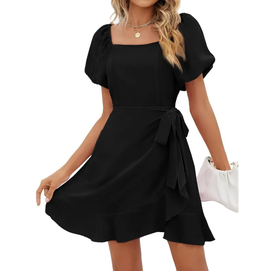 WINSLEY™ – Square Neck Puff Sleeve Tie Waist Short Dress