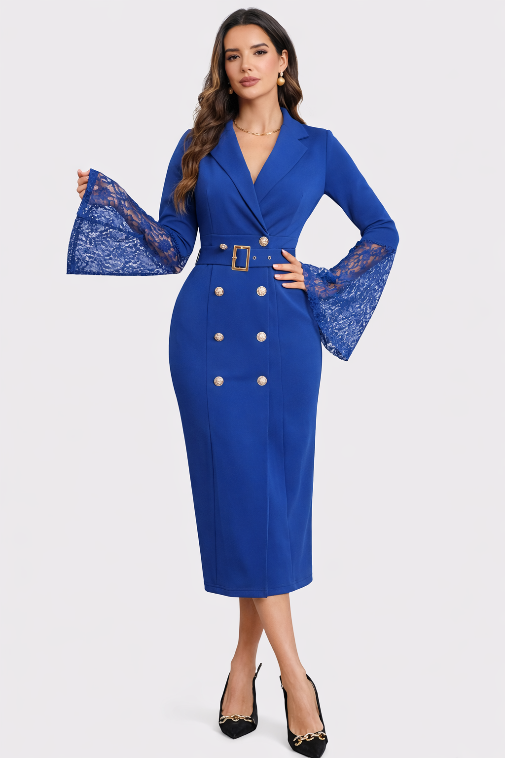 Kerensa | Belted Lace Sleeve Midi Dress