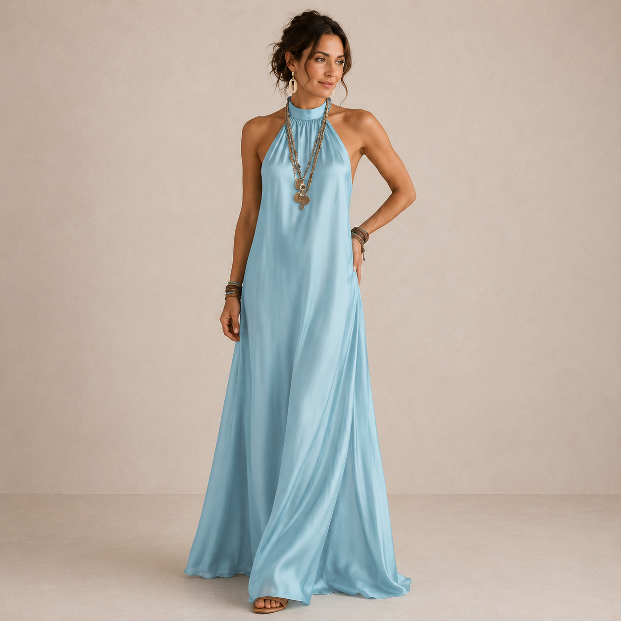 Magnolia | Blue Halter Neck Flowing Maxi Dress