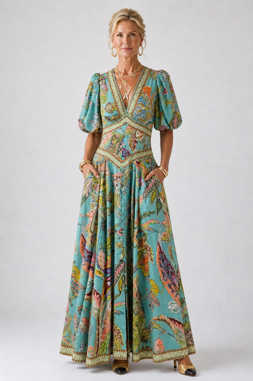 Eloise | Airy Maxi Dress with Puff Sleeves and V Neck