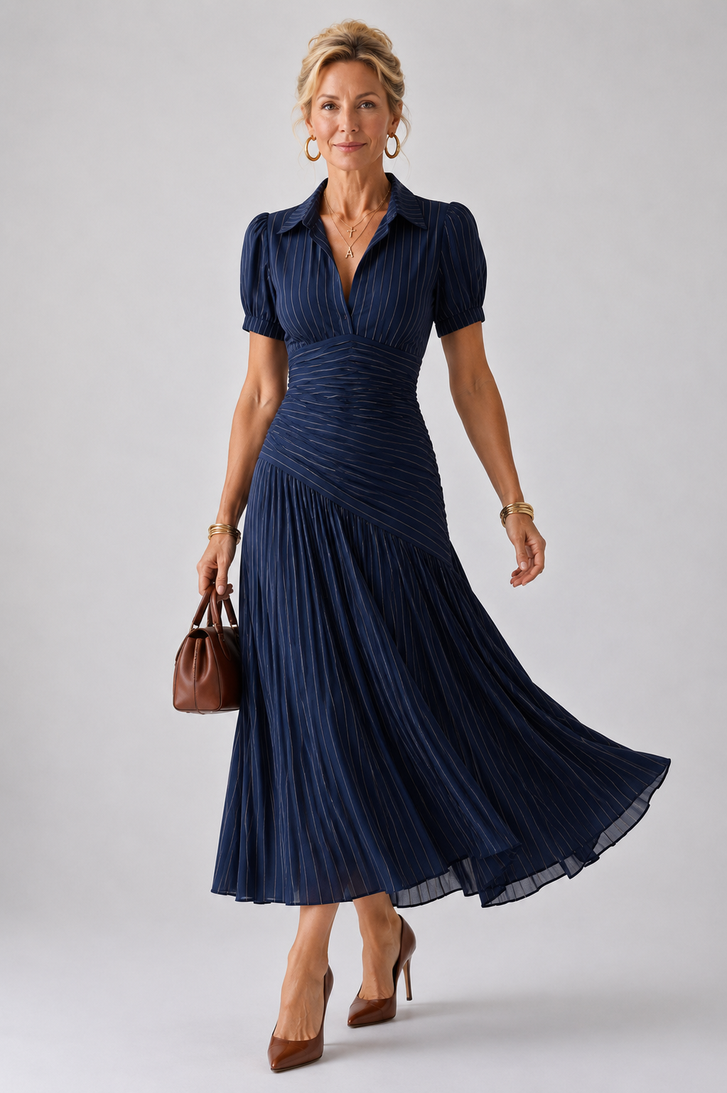 Theodosia | Pleated Waistline Stripe Midi Dress