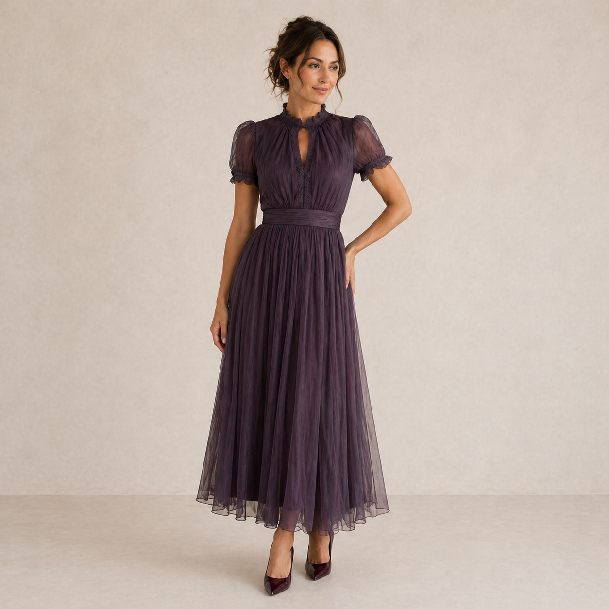 Calla | Pleated Puff Sleeve Midi Dress