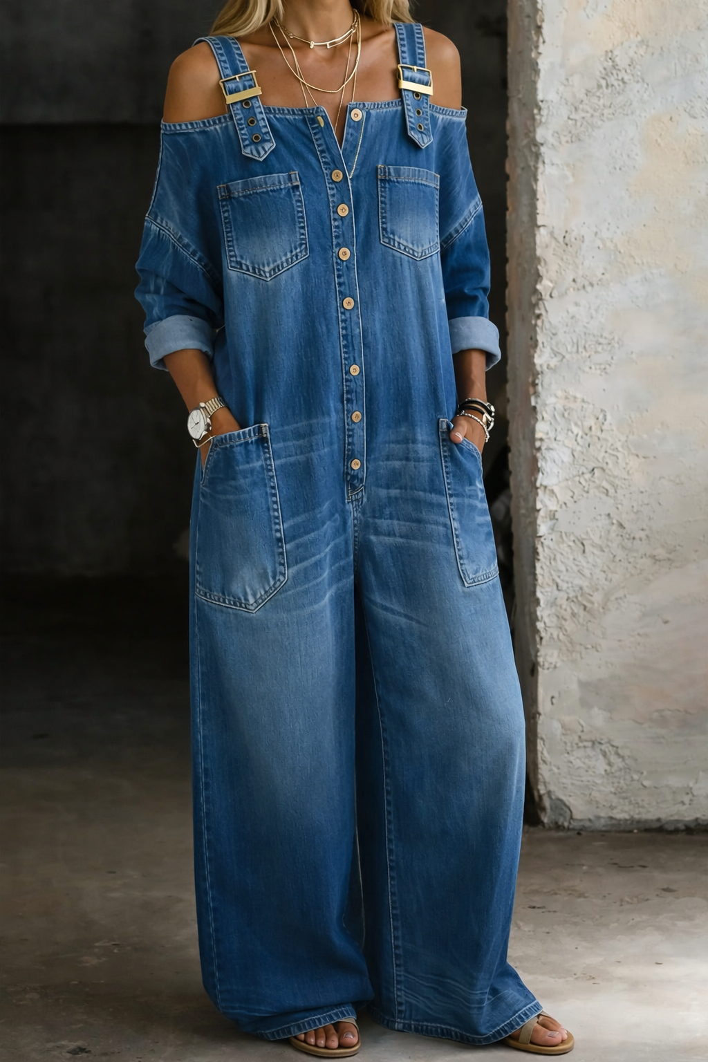 Sophia | Off Shoulder Denim Dungarees