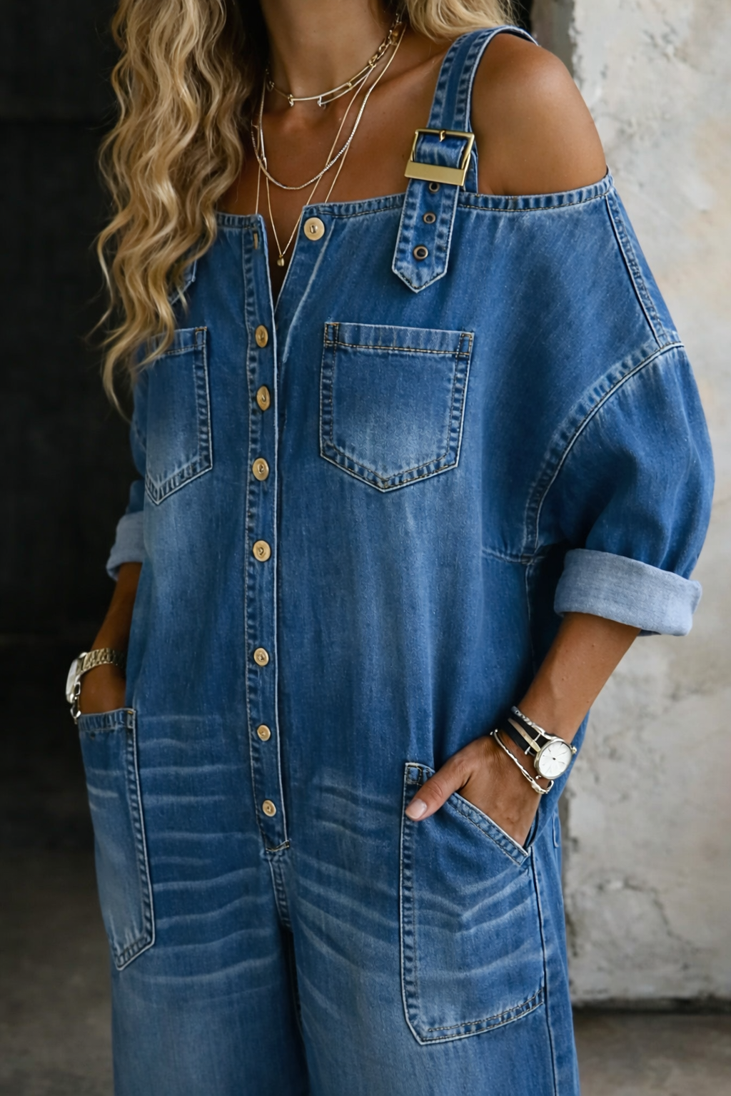 Sophia | Off Shoulder Denim Dungarees