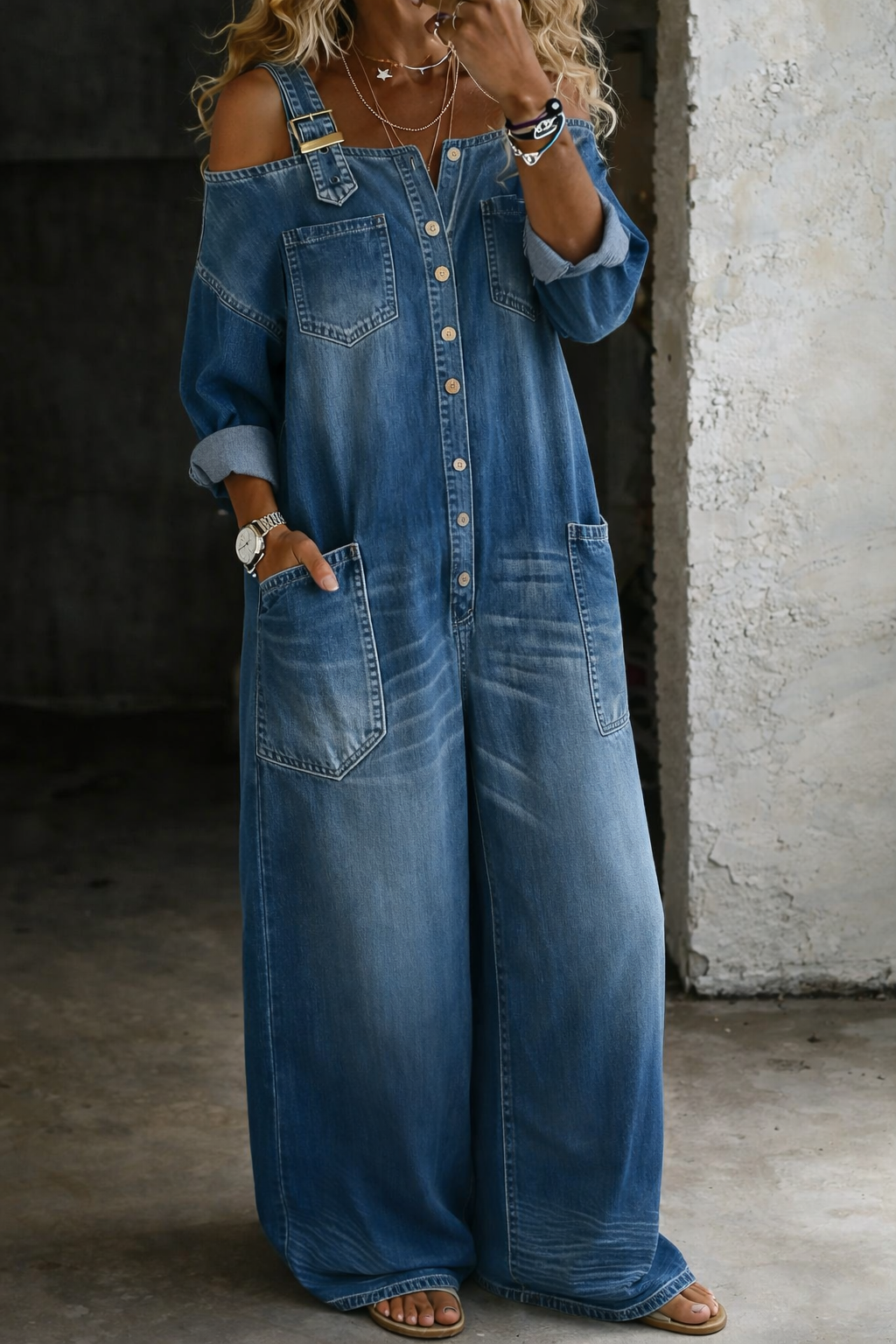 Sophia | Off Shoulder Denim Dungarees